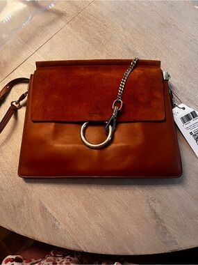 Chloe Brown Leather & Suede Crossbody with Silver Ring Detail
